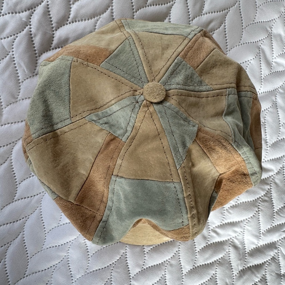 Vintage suede Patchwork Beige Blue Women's Hat pageboy - Picture 5 of 10